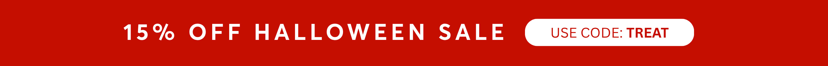 Red sale banner with '15% Off Halloween Sale' text and a button to use code 'TREAT'.