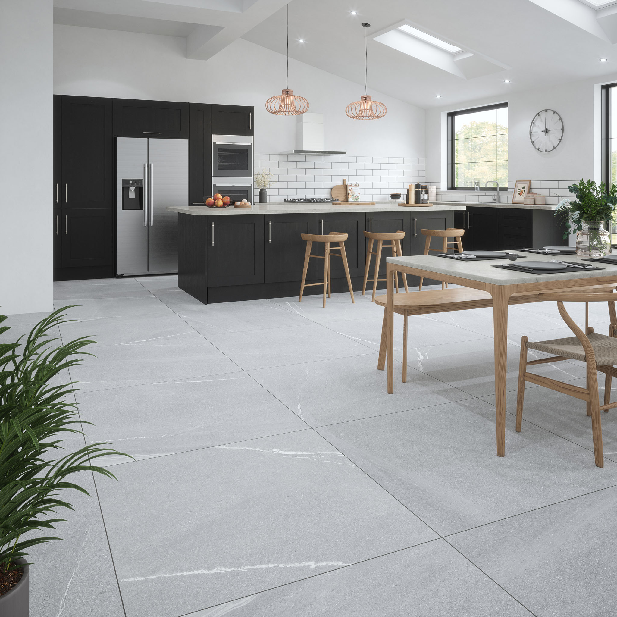 large light grey kitchen floor tiles