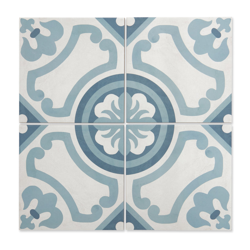 Archive Fiore - Blue Encaustic Patterned Floor Tiles for Kitchens & Bathrooms - 20 x 20 cm - Porcelain