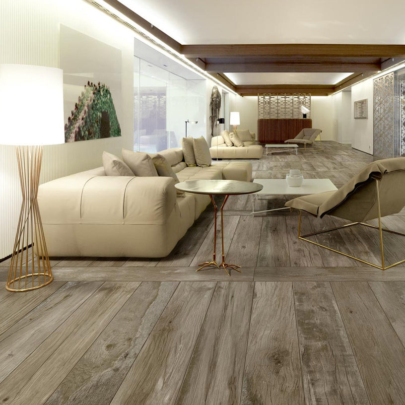 Woodcraft Musk - Large, Vintage Wood Effect Floor Tiles - 20 x 120 cm for Bathrooms, Kitchens & Hallways, Porcelain, Grey, Brown