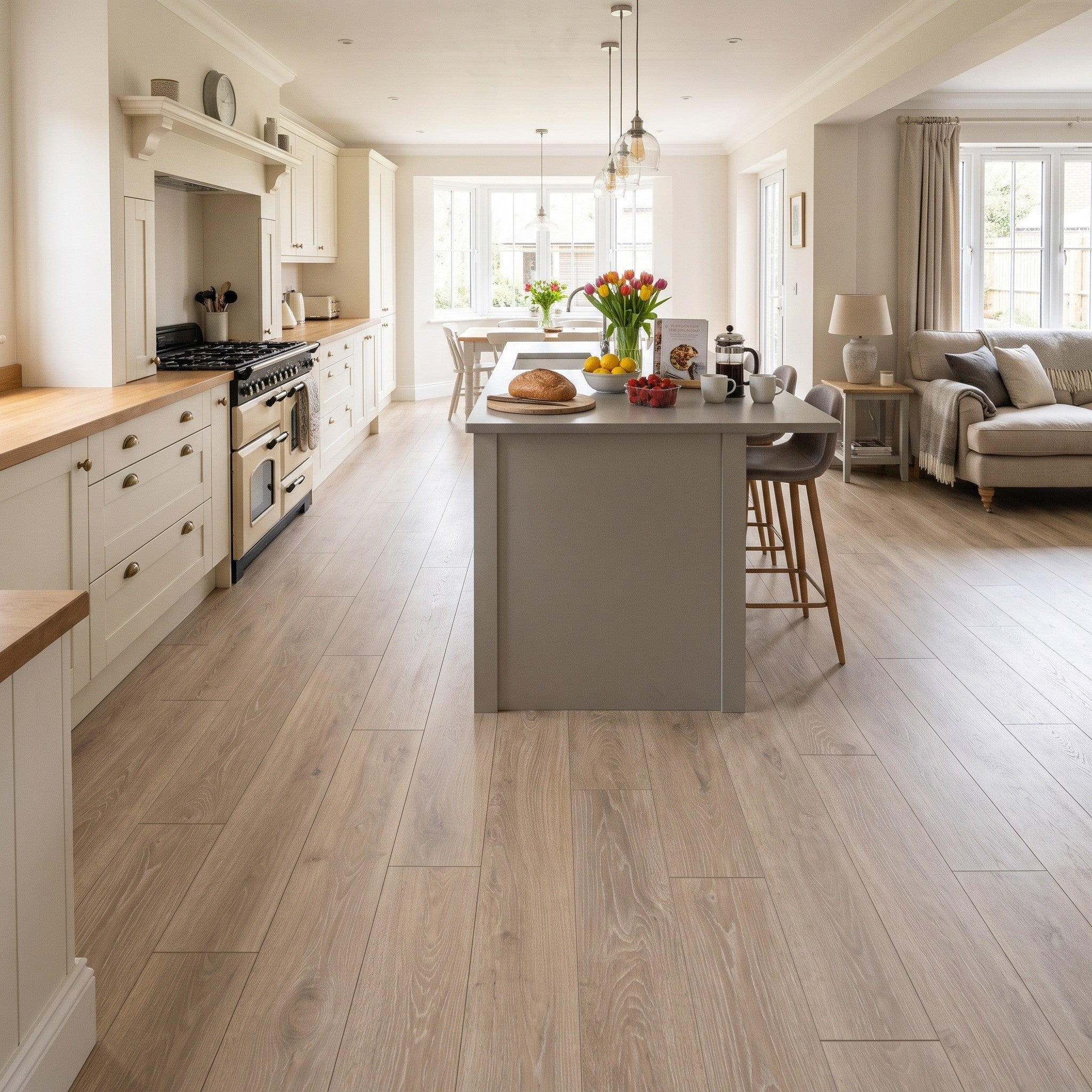 Alderley Light Wood Effect tiles laid as floor in an open-plan kitchen and living room, with a grey island and cream shaker