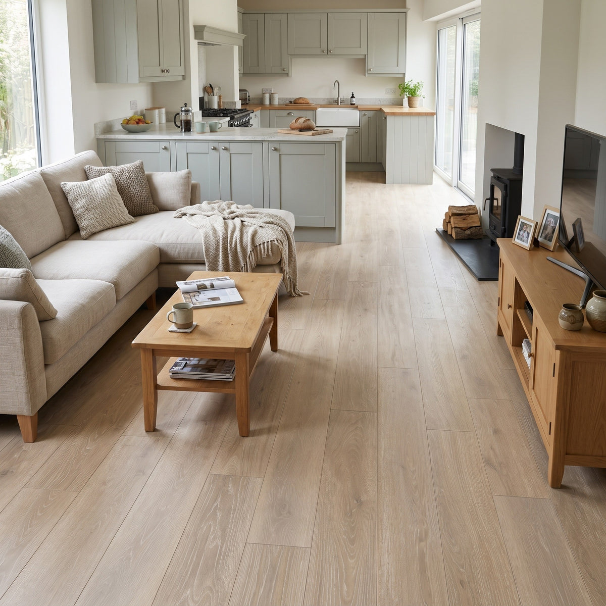 Alderley Light Wood Effect tiles laid as flooring in an open-plan living room with a sofa, oak coffee table and wood burner.