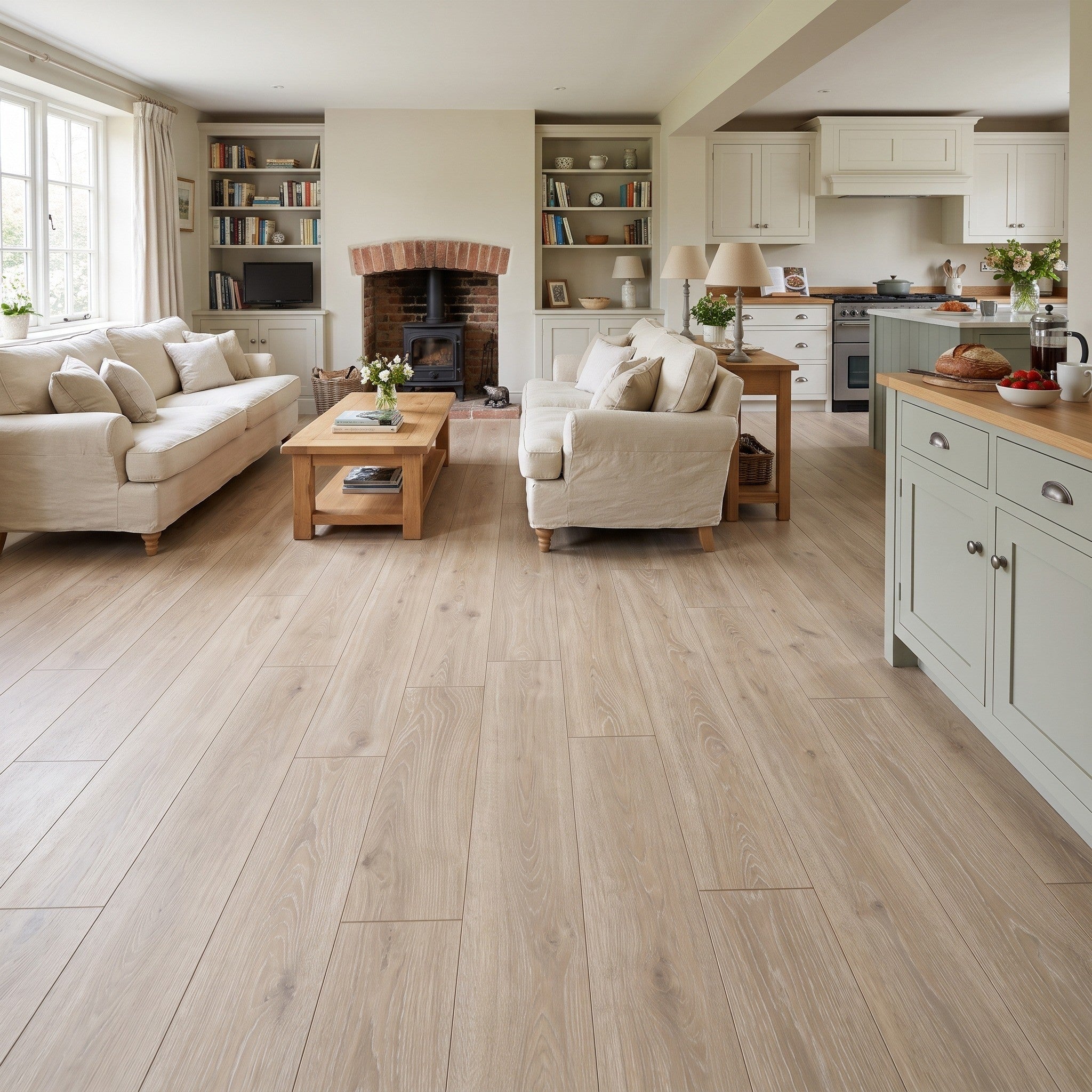 Alderley Light Wood Effect tiles laid as flooring in an open-plan living room and kitchen with cream sofas, a log burner