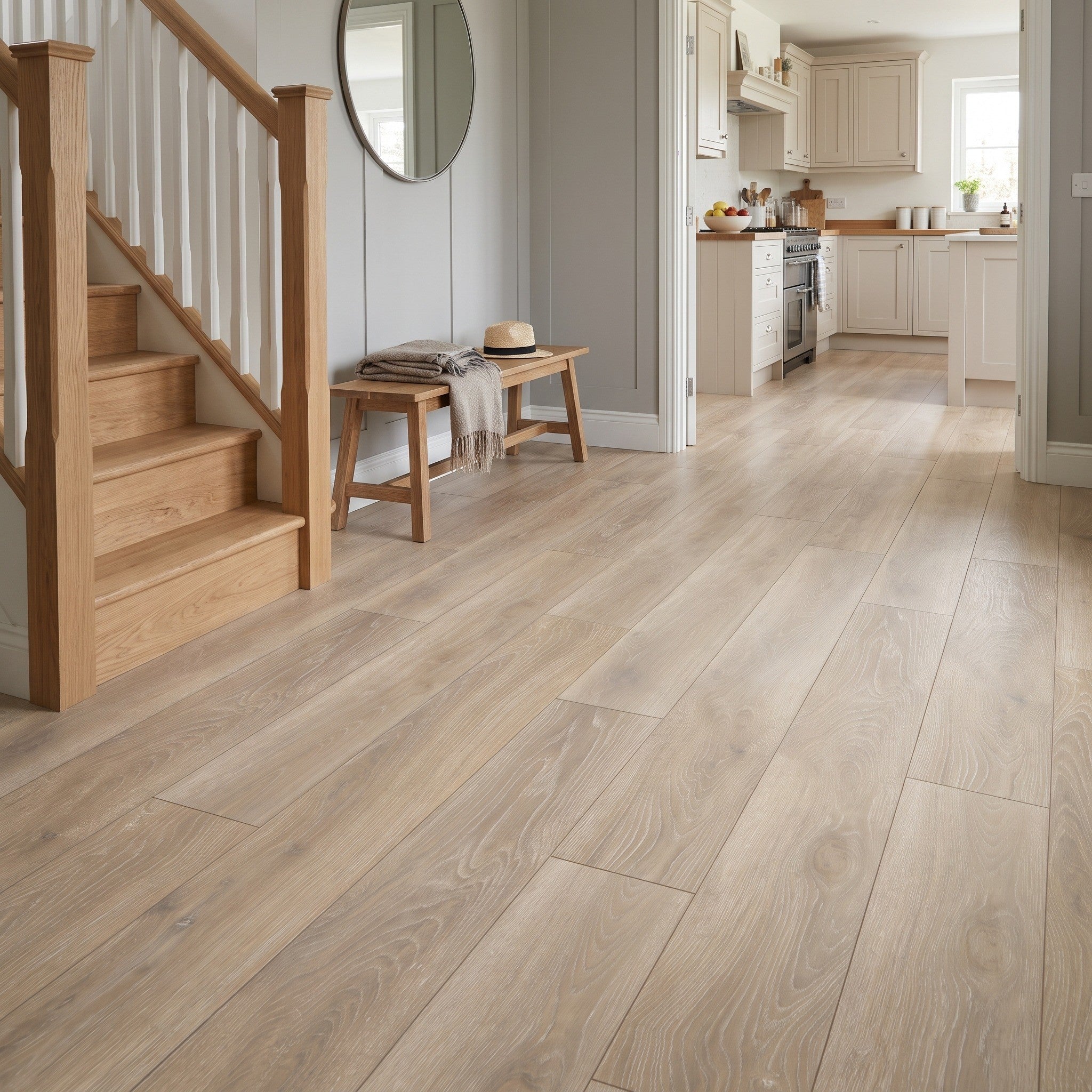 Alderley Light Wood Effect tiles laid as flooring in hallway 