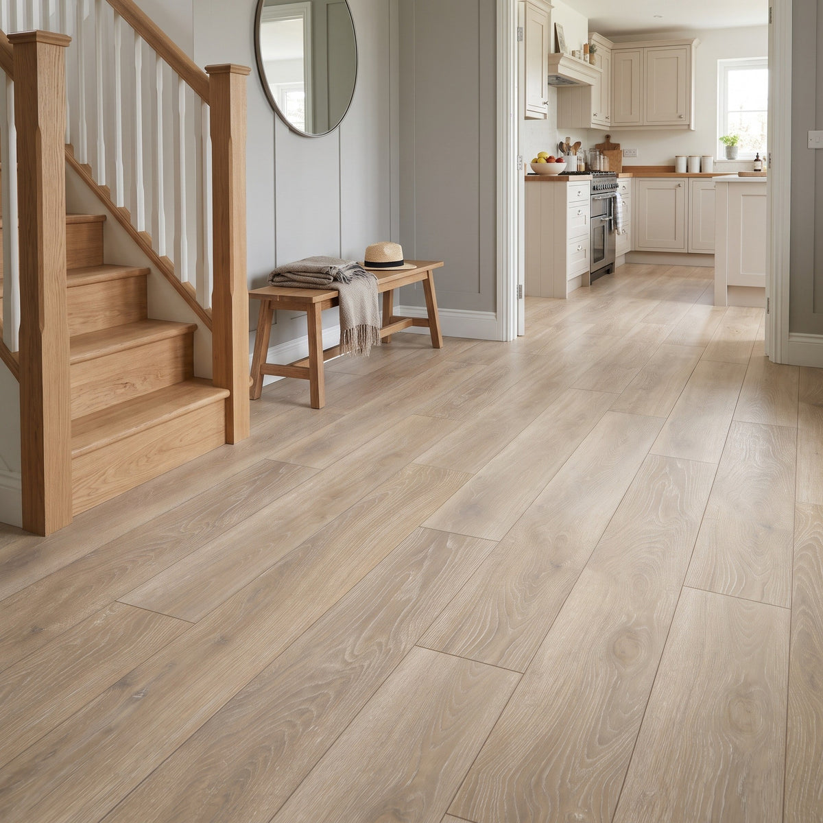Alderley Light Wood Effect tiles laid as flooring in hallway 