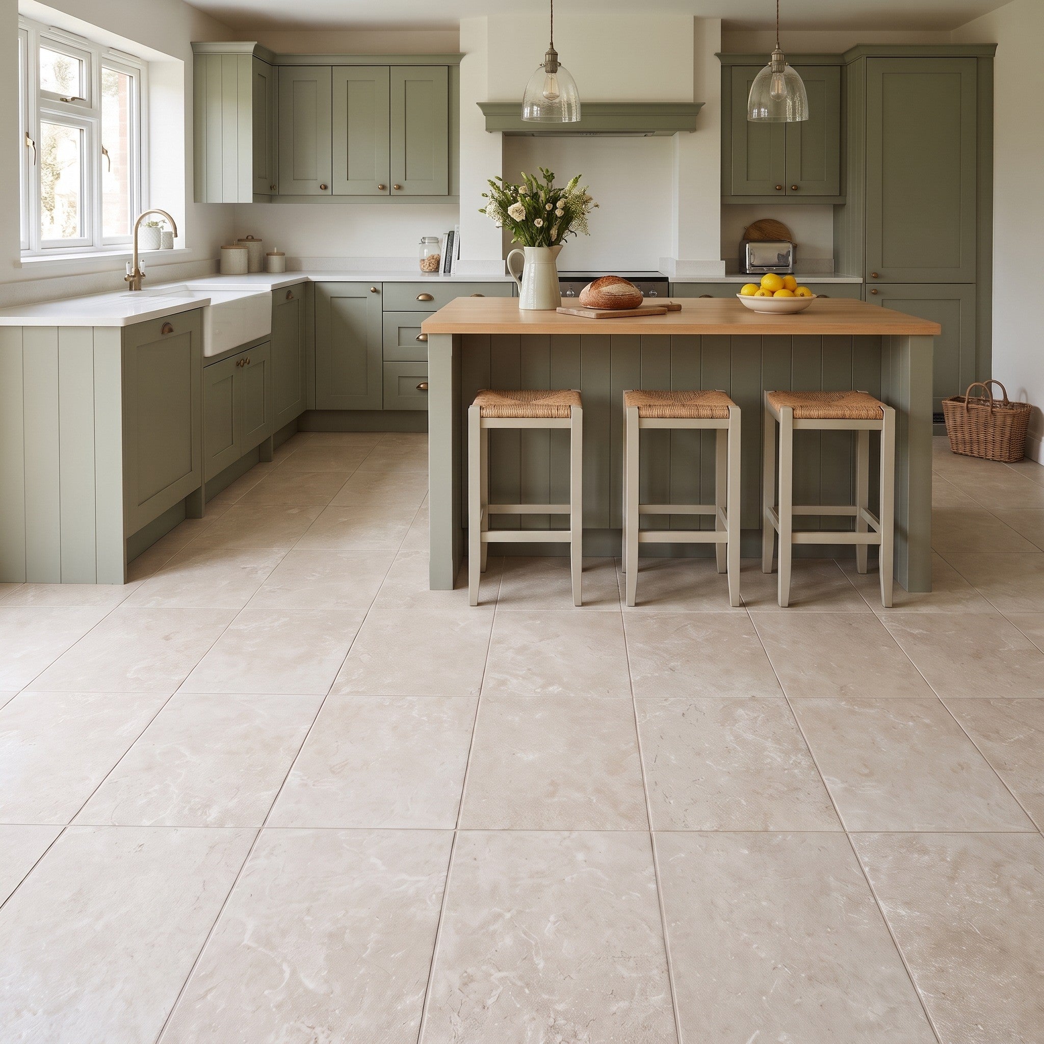 Cotswold Beige floor tiles laid in a large-format grid across a kitchen floor, with sage green cabinets, a central island