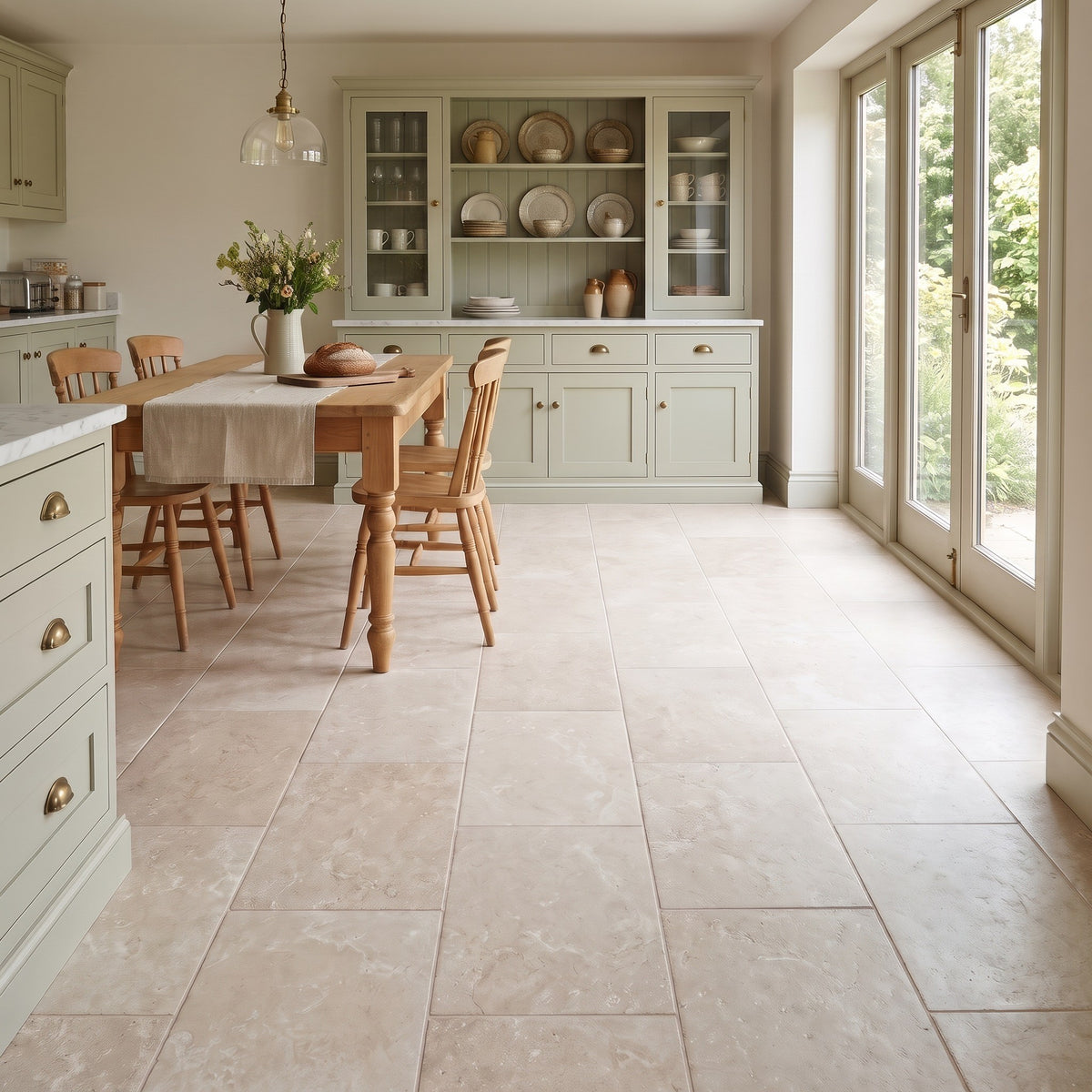 Cotswold Beige floor tiles laid in a large-format grid across a kitchen diner with a pine table, sage cabinets and glazed