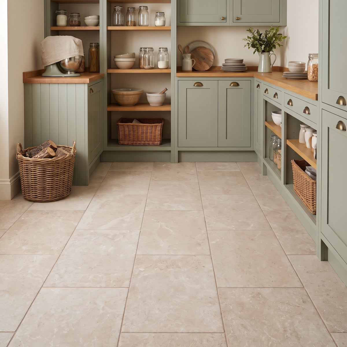 Cotswold Beige floor tiles laid in a large-format grid in a kitchen with sage green cabinets, oak worktops and open wooden