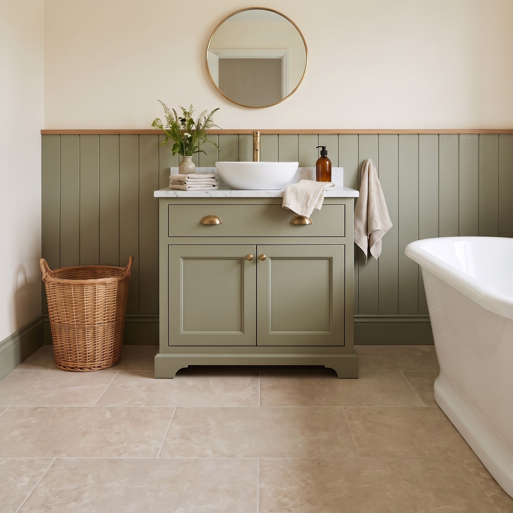 Cotswold Beige floor tiles laid in a bathroom with a sage green panelled wall, vanity unit with vessel basin and