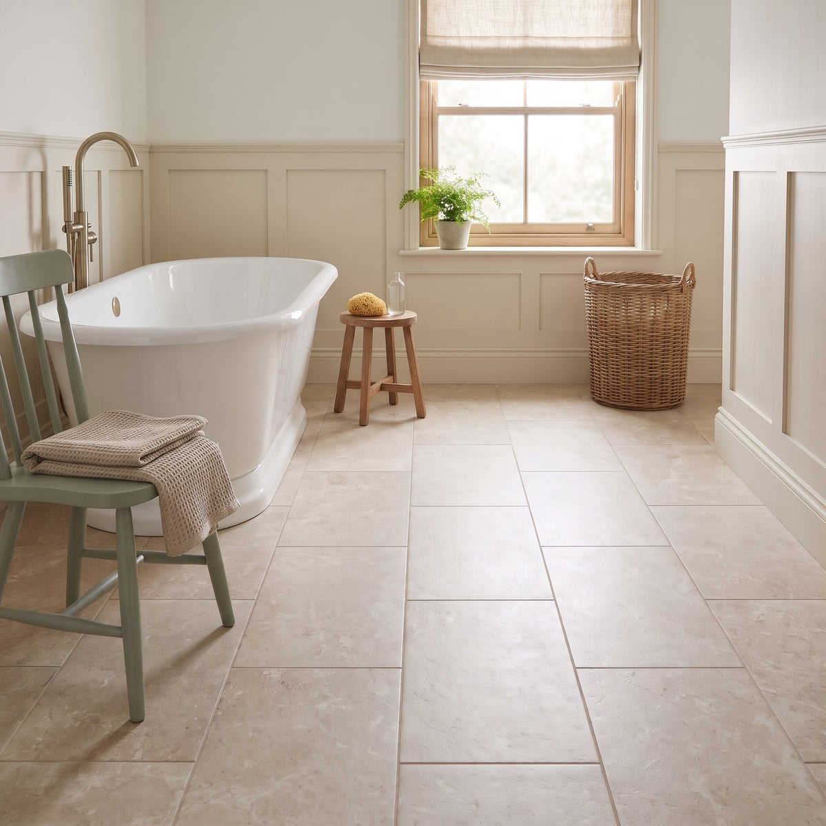 Cotswold Beige floor tiles laid in a bathroom with a freestanding bath, wooden stool and wicker basket, cream panelled