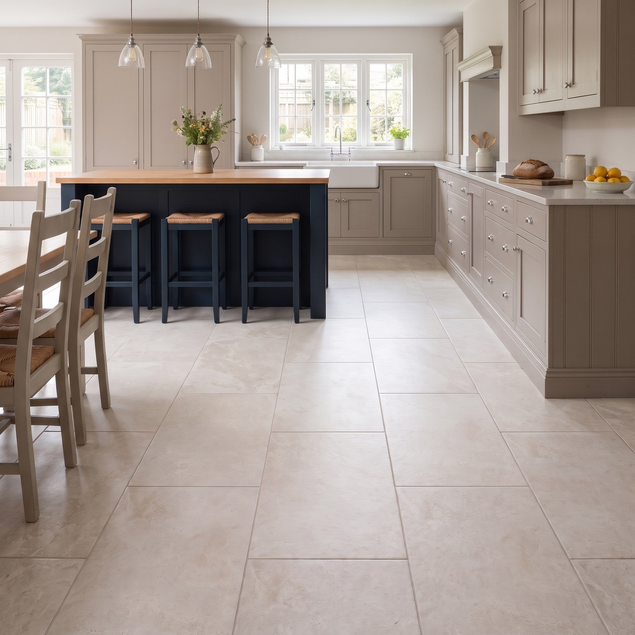 Cotswold Ivory floor tiles laid in a large-format grid across a kitchen floor, with a navy island, wooden stools and grey