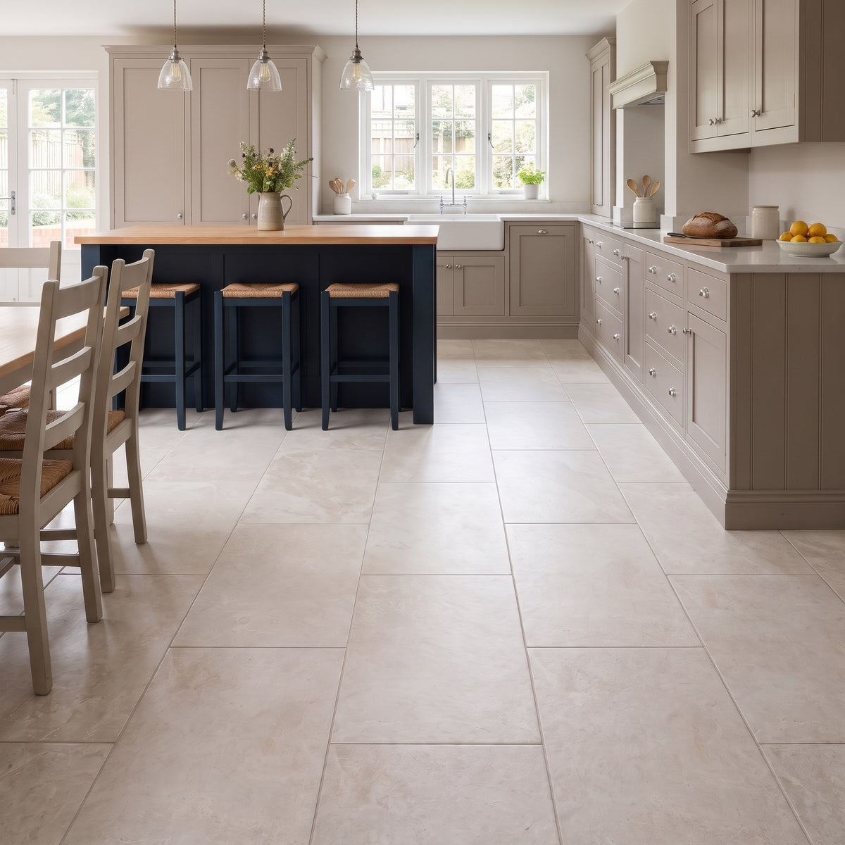 Cotswold Ivory floor tiles laid in a large-format grid across a kitchen floor, with a navy island, wooden stools and grey