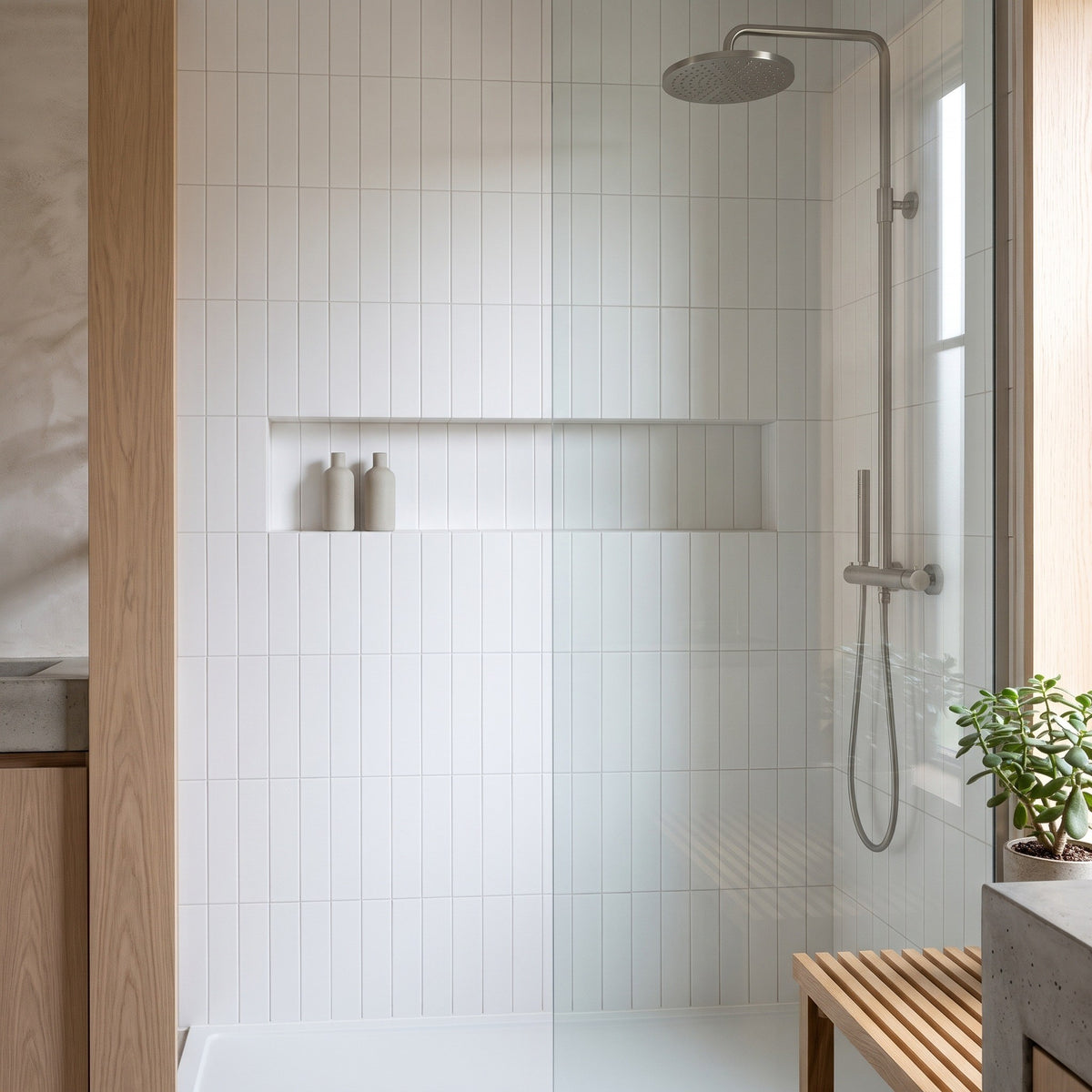 Elements Brick Matt wall tiles – Shower niche and slatted oak bench