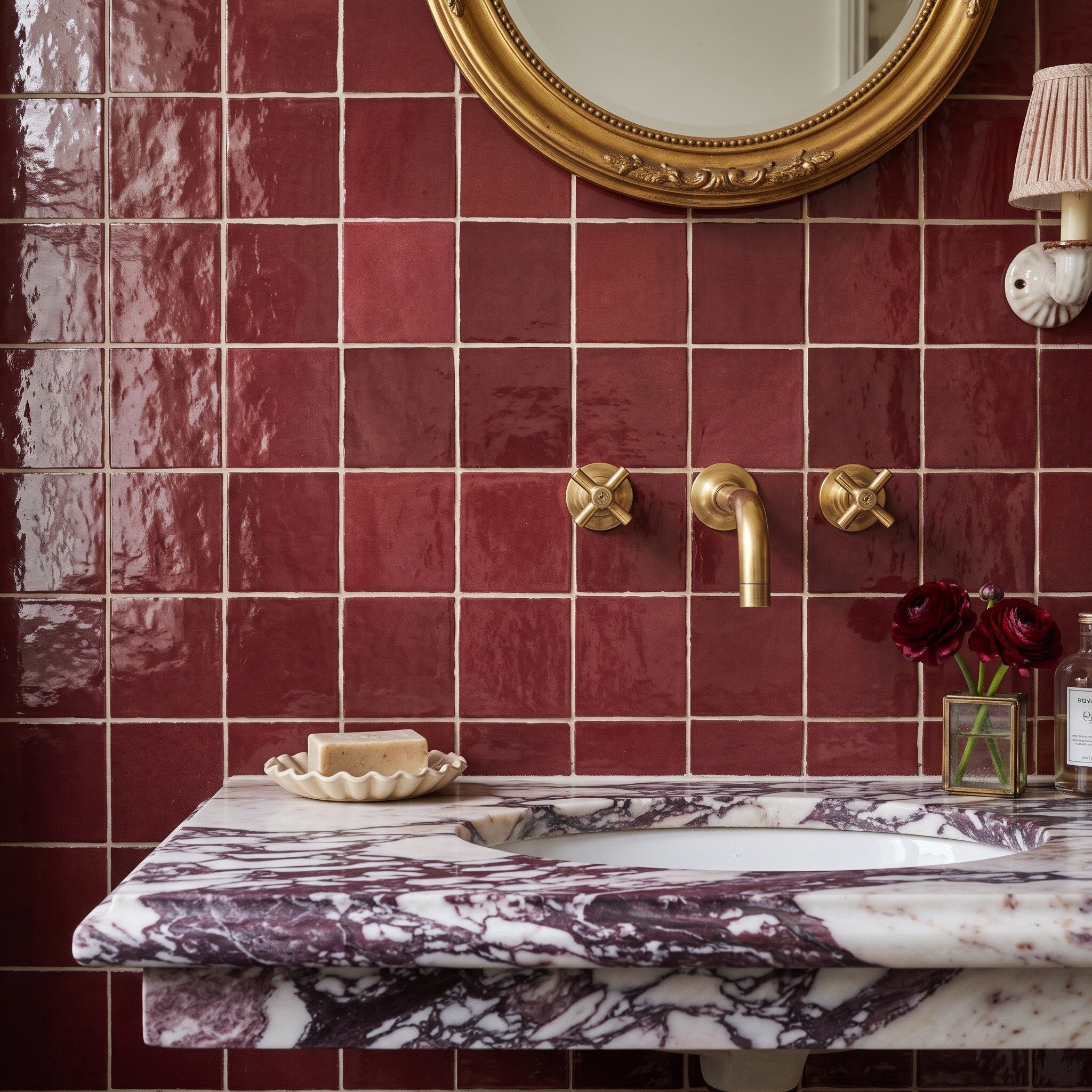 Fez Ruby wall tiles cover a bathroom wall behind a marble vanity with an inset basin, brass wall taps