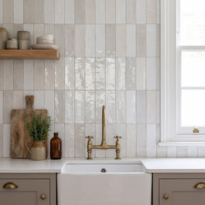 Marais White wall tiles – Belfast sink and brass bridge tap