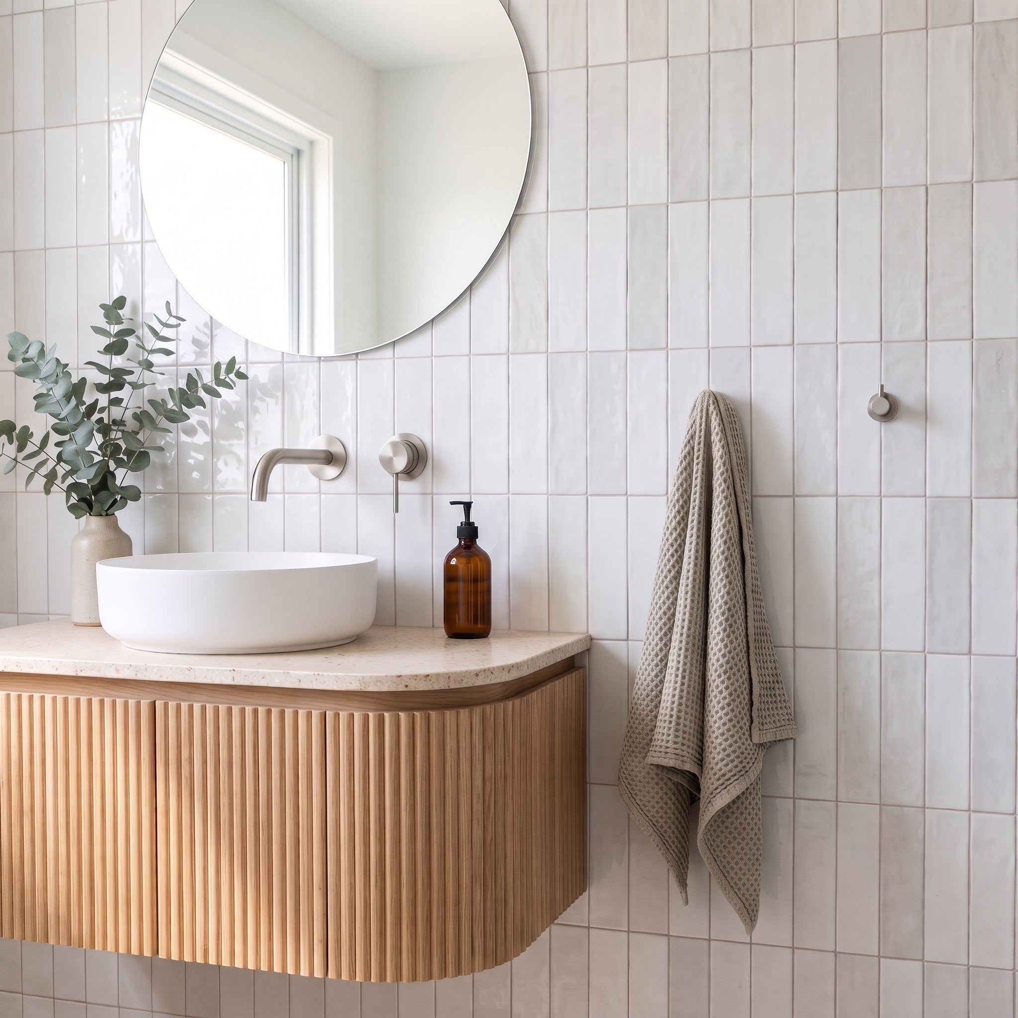 Marais White wall tiles – Curved fluted oak vanity, terrazzo top