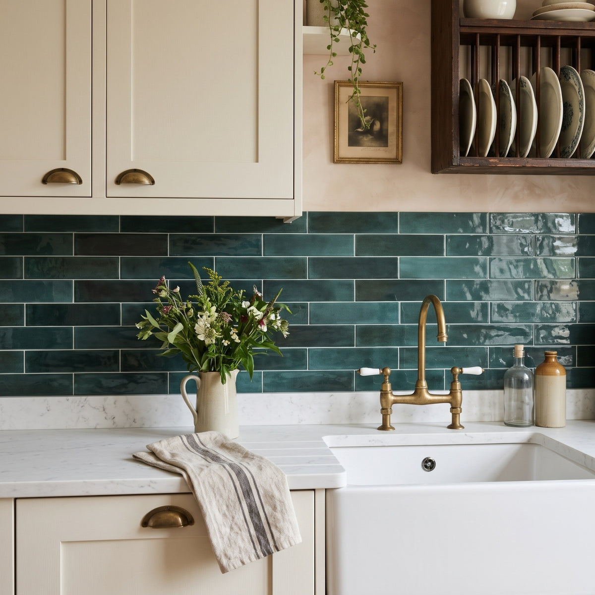 Opal Emerald wall tiles – Cream shaker, Belfast sink, plate rack