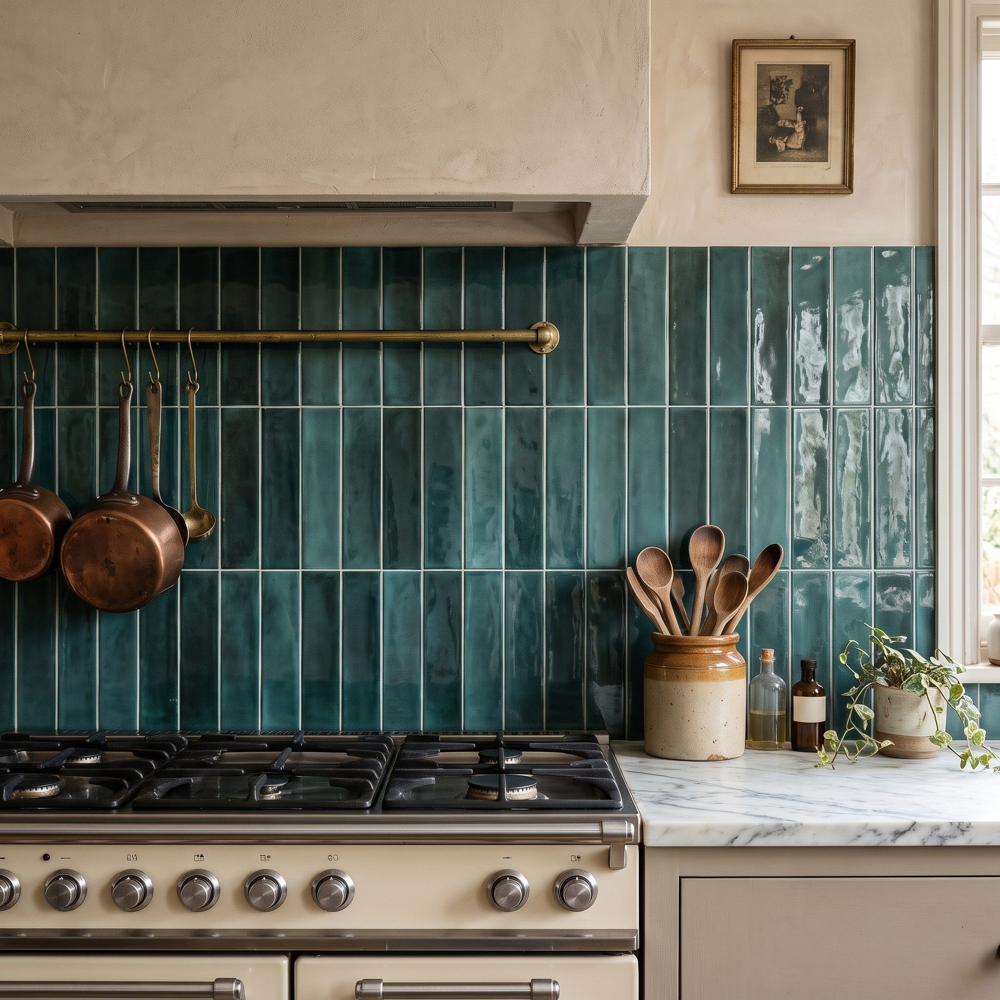 Opal Emerald wall tiles: glossy teal-green splashback in vertical stack bond behind a cream range cooker, marble worktop