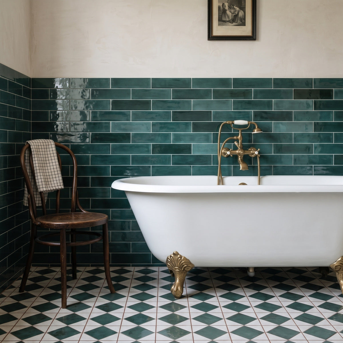 Opal Emerald wall tiles in a bathroom, glossy dark green brick-pattern tiles on the walls behind a freestanding roll-top