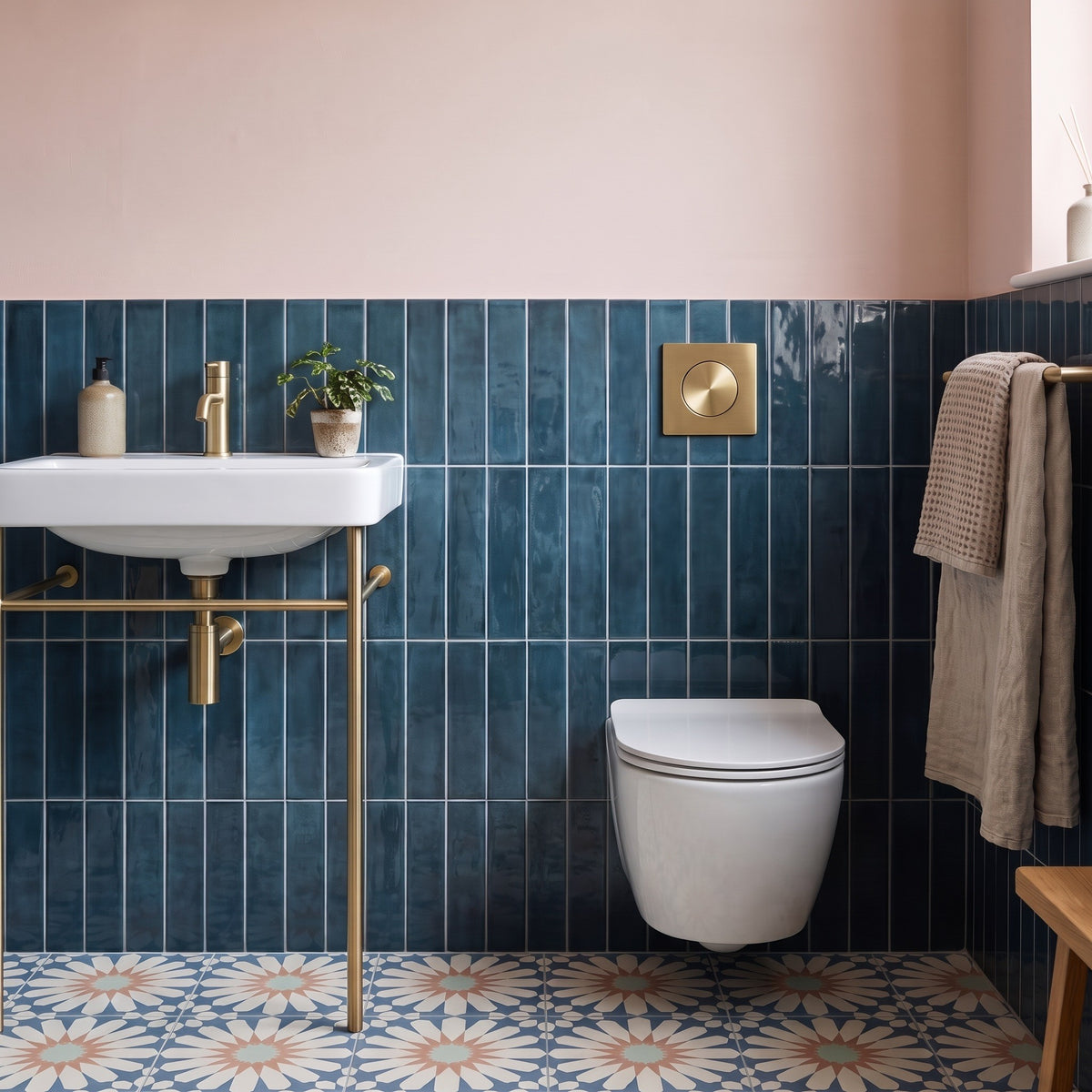 Opal Marine wall tiles – Brass washstand and WC, plaster-pink above