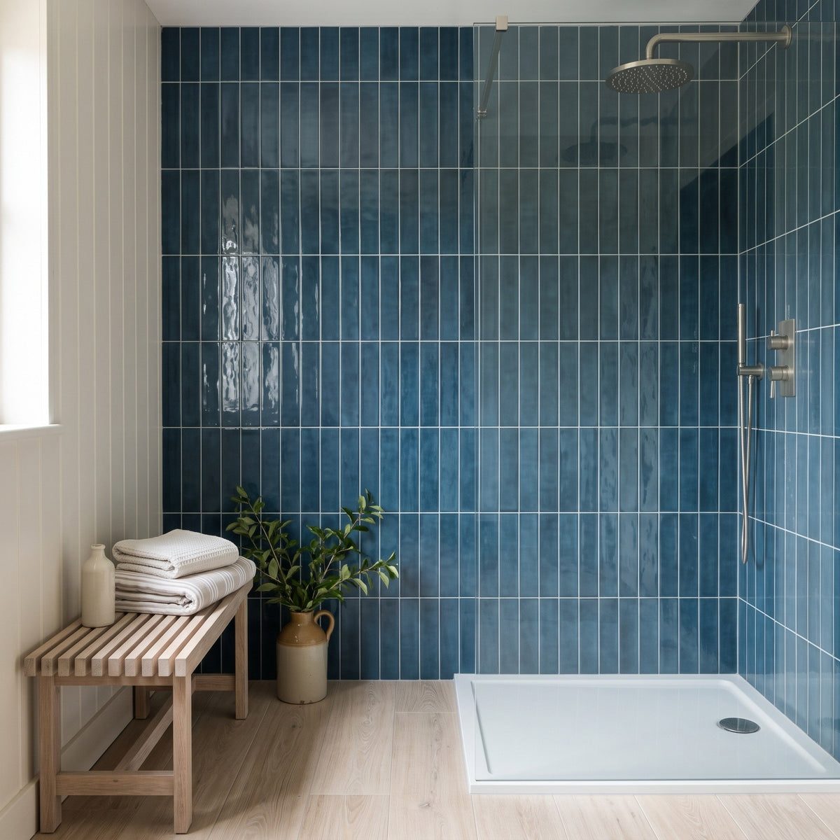 Opal Marine wall tiles: glossy dark blue vertical-format tiles lining a walk-in shower with a wooden bench and white tray
