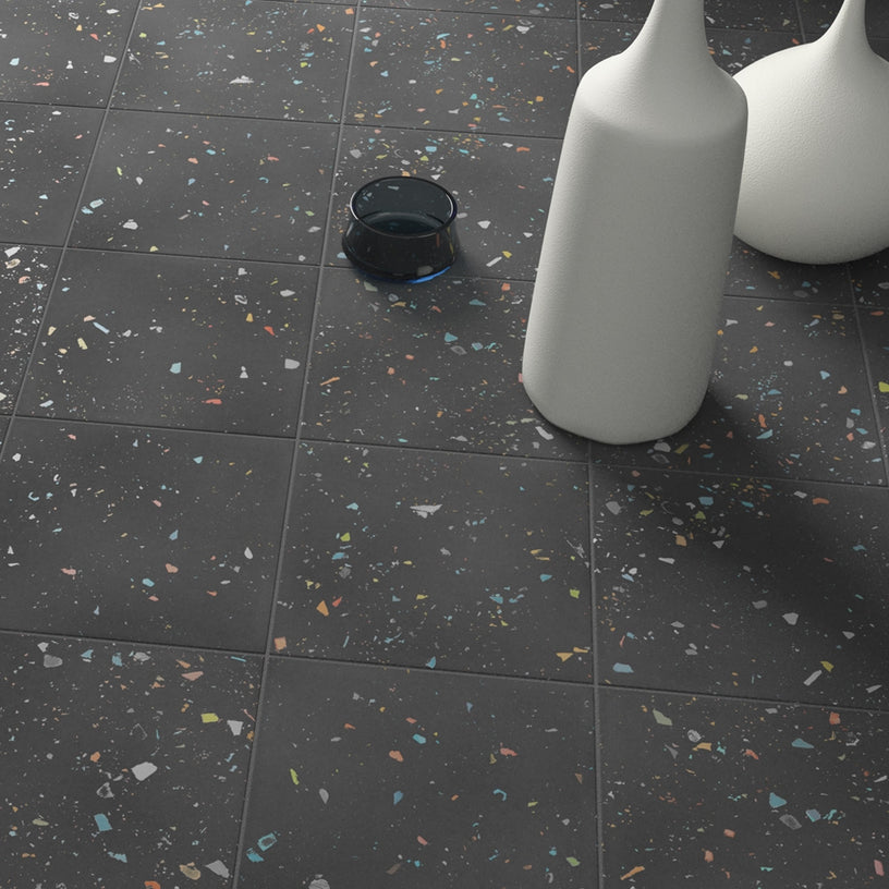 Tutti Frutti Dark - Black Terrazzo Floor & Wall Tiles for Kitchen Splashbacks, Bathrooms & Hallways - 18.5 x 18.5 cm Porcelain