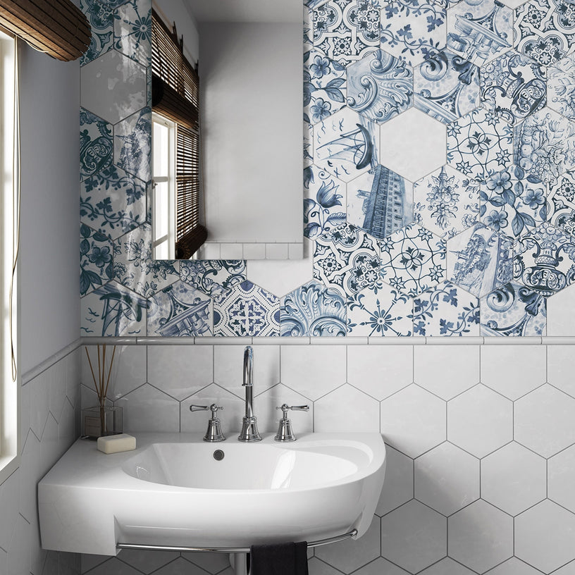 Porto White - Plain Gloss Hexagon Wall Tiles for Kitchen Splashbacks & Bathrooms - 17.6 x 20.1 cm - Ceramic