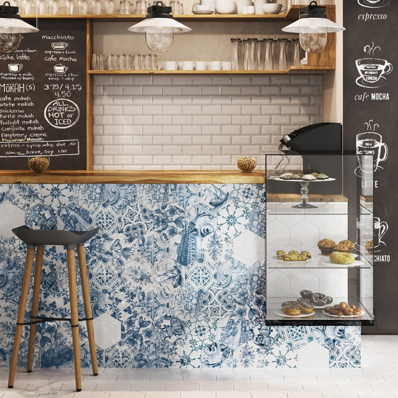 Porto Blue - Moroccan Hexagon Wall Tiles for Kitchen Splashbacks & Bathrooms - 17.6 x 20.1 cm - Ceramic