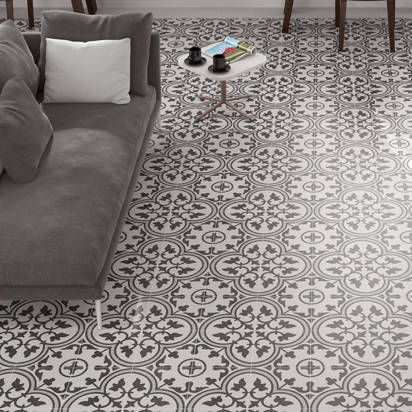 Abbey Decor - Black & White Victorian Patterned Floor Tiles - 25 x 25 cm for Bathrooms, Kitchens & Hallways - Porcelain