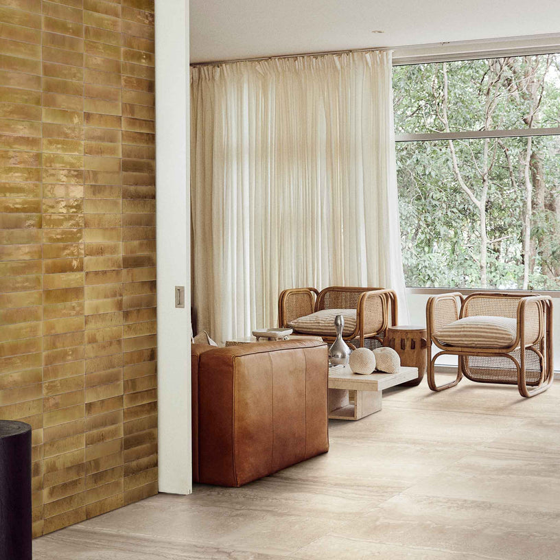 Dwell Ochre 6 x 24 cm - Designer Gloss Beige Wall Tiles for Kitchen Splashbacks & Bathroom Feature Walls