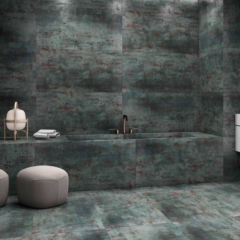 Highline Green - 30 x 60 cm Metal Wall & Floor Tiles for Designer Bathrooms & Kitchens - Porcelain, Lappato