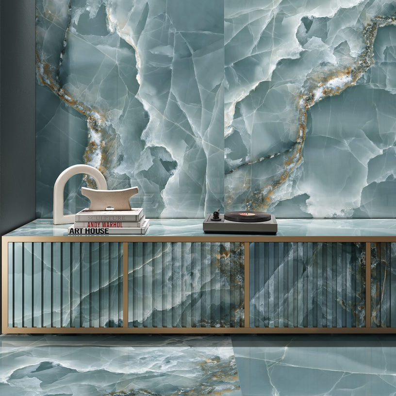 Jewel Onyx Aqua - XL Polished Green Onyx Marble Bathroom Wall & Floor Tiles - 60 x 120 cm, Porcelain