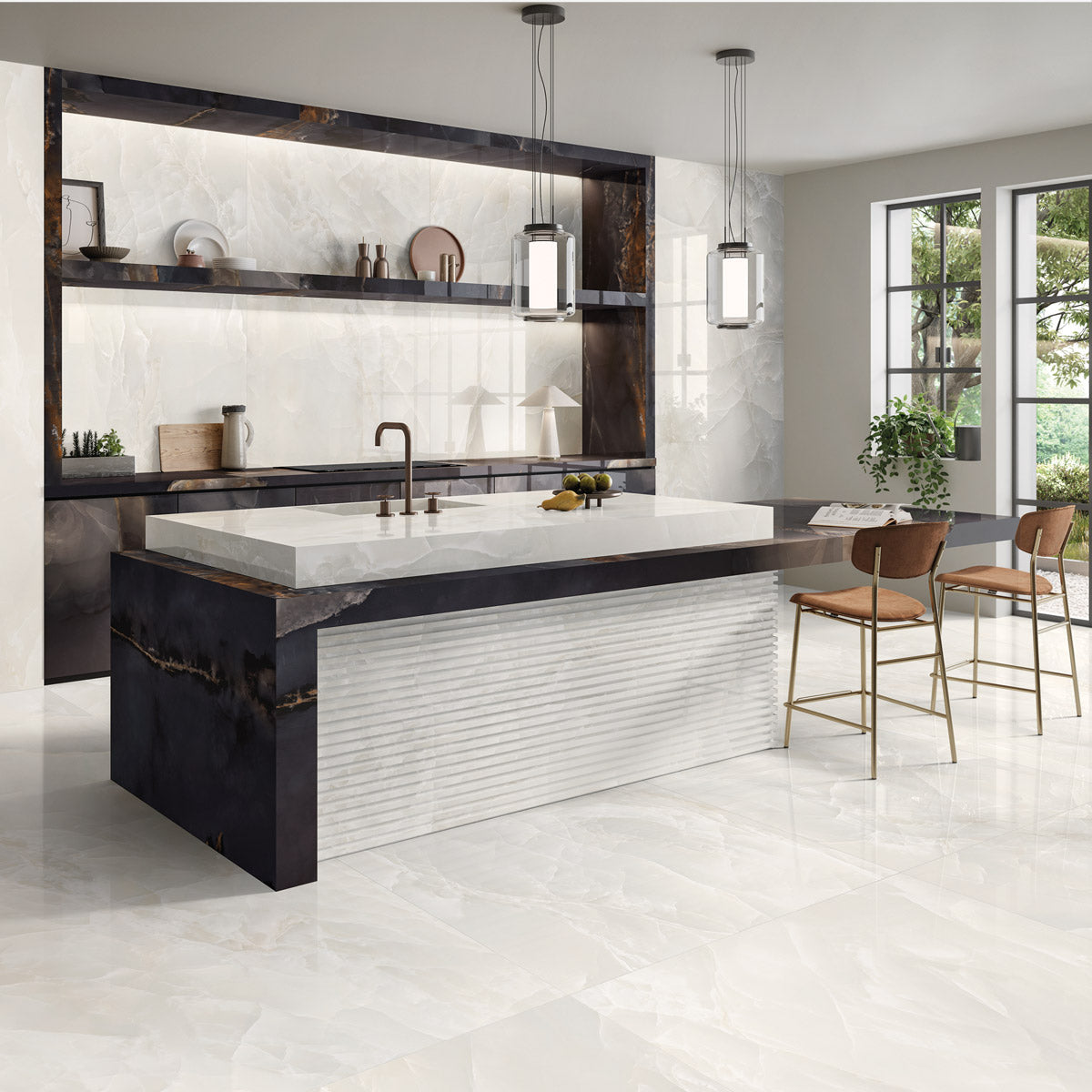 Jewel Onyx Ivory - XL Polished Ivory Onyx Marble Bathroom Wall & Floor Tiles - 60 x 120 cm, Porcelain