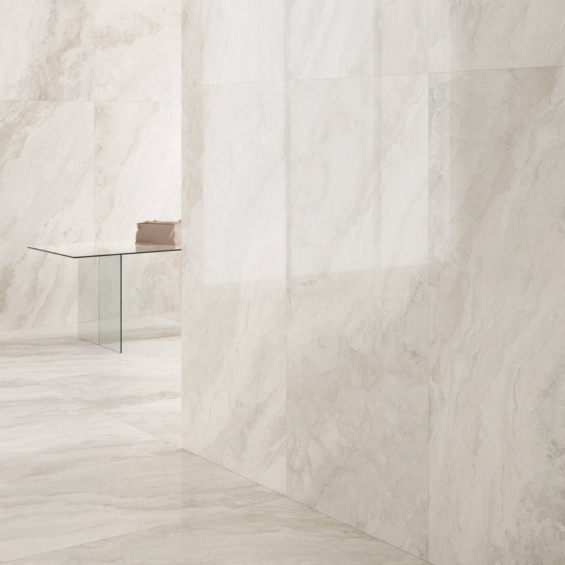 Mystique Ivory - XL Polished Marble Effect Wall & Floor Tiles - 60 x 120 cm, Porcelain