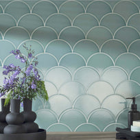 Newlyn Duck Egg - Blue Fish Scale Scallop Wall Tiles for Bathroom & Kitchen Feature Walls - 15.5 x 17 cm - Ceramic