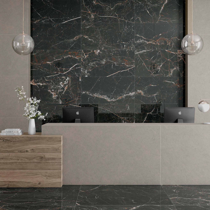 Signature Noir - XL Black Polished Marble Wall & Floor Tiles - 60 x 120 cm for Bathrooms & Kitchens, Porcelain