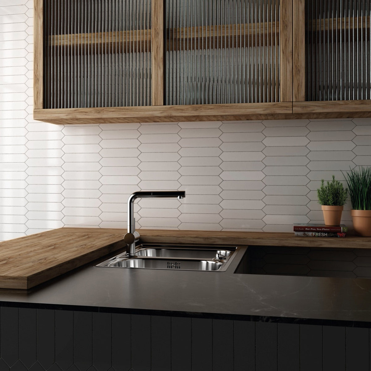 Concorde White - Modern Geometric Wall Tiles for Kitchen Splashbacks & Bathrooms - 5 x 25 cm - Gloss Ceramic