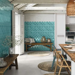 Corsica Fan - Gloss Blue Fish Scale / Scallop Wall Tiles for Kitchens, Bathrooms, Splashbacks - Ceramic 12 x 12.5 cm