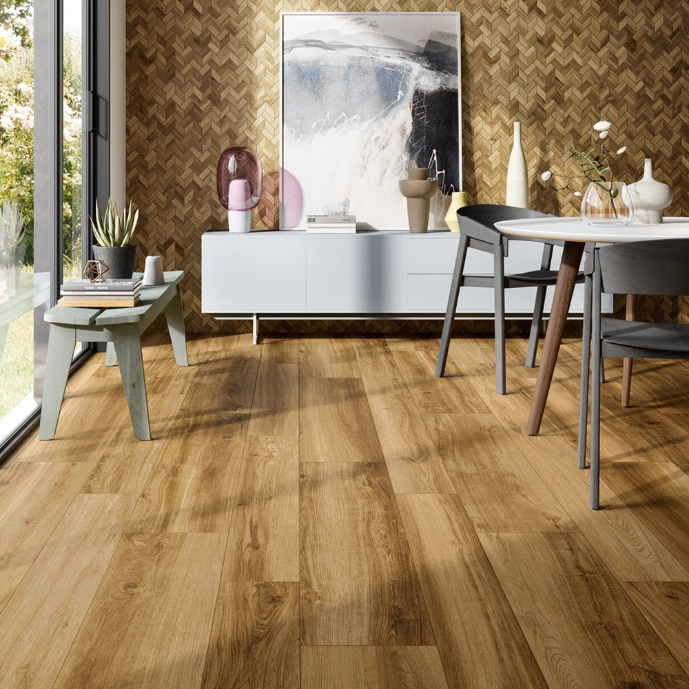 Essence Honey - Modern Oak Wood Effect Floor Tiles - 20 x 120 cm for Bathrooms, Kitchens & Hallways, Porcelain Plank Tiles