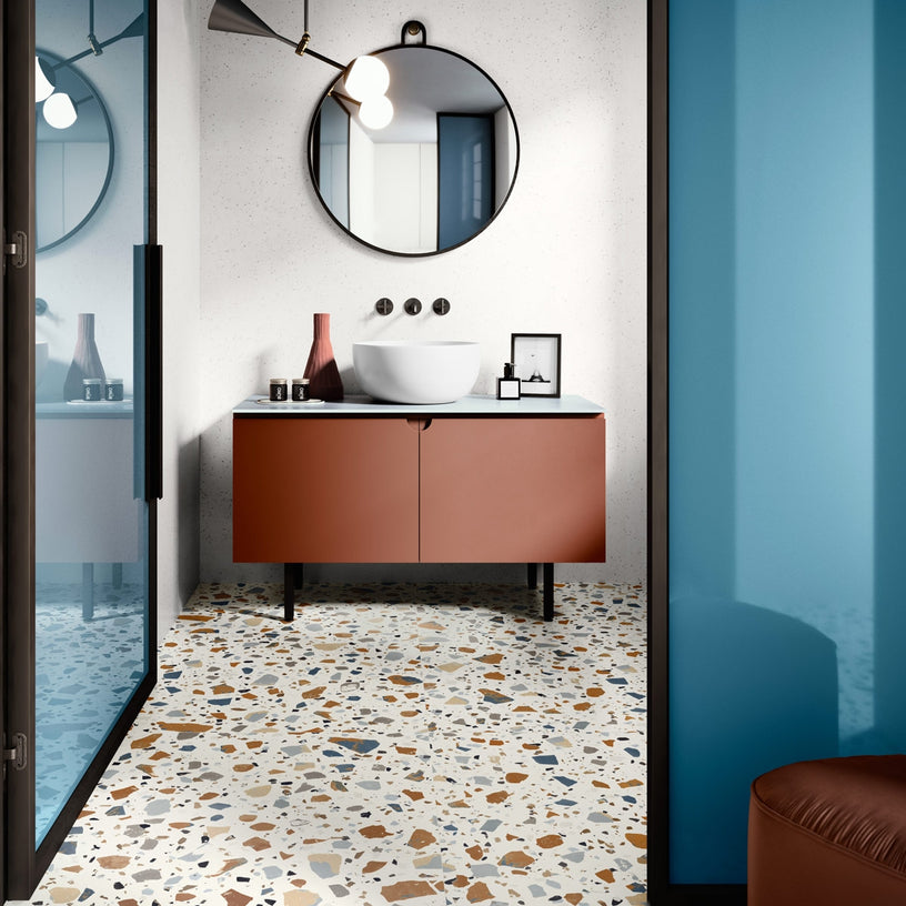 Flecks White - XL Terrazzo Multicolour Wall & Floor Tiles for Kitchens, Bathrooms & Living Areas - 90 x 90 cm - Matt Porcelain
