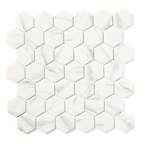 Hamptons Hexagon - Luxury White Marble Effect Mosaic Tiles - 30 x 30 cm for Bathrooms, Kitchens, Walls & Floors, Glass