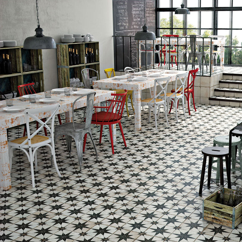 Heritage Star - Vintage Black Patterned Floor Tile for Kitchens, Hallways, Bathrooms & Fireplaces - 45 x 45 cm