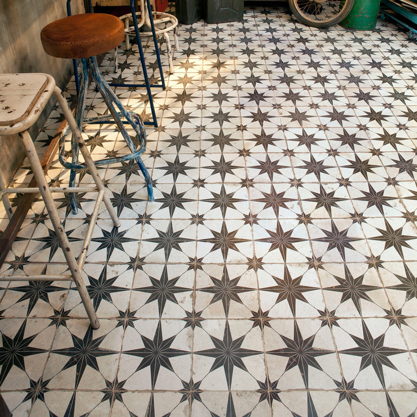 Heritage Star - Vintage Black Patterned Floor Tile for Kitchens, Hallways, Bathrooms & Fireplaces - 45 x 45 cm