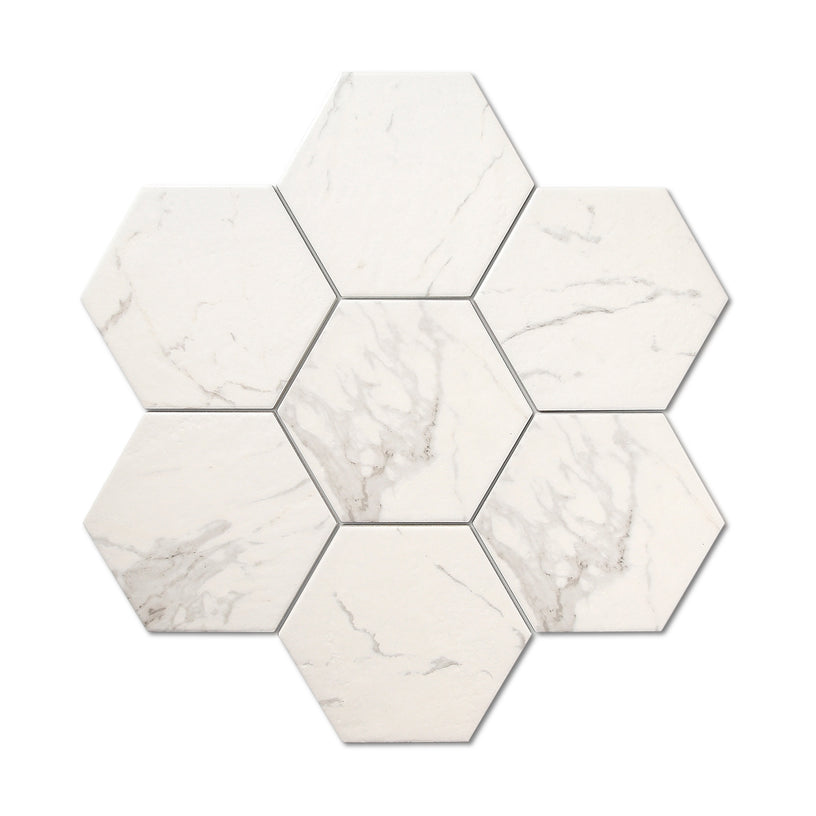 Marmi Hexagon - White Marble Effect Floor & Wall Tiles for Bathrooms & Kitchens - 17.5 x 20cm, Porcelain