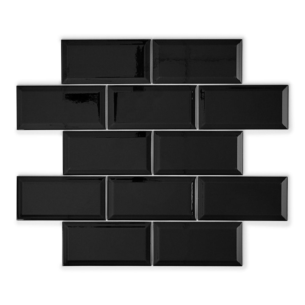 Metro Black Gloss - Bevelled 10 x 20 cm Wall TIles for Bathrooms, Kitchens & Splashbacks, Ceramic