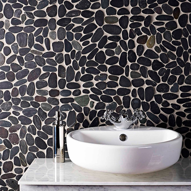 Creek Black Pebble Mosaic Tiles For Rustic Bathroom and Floors - 30 x 30 cm Natural Stone