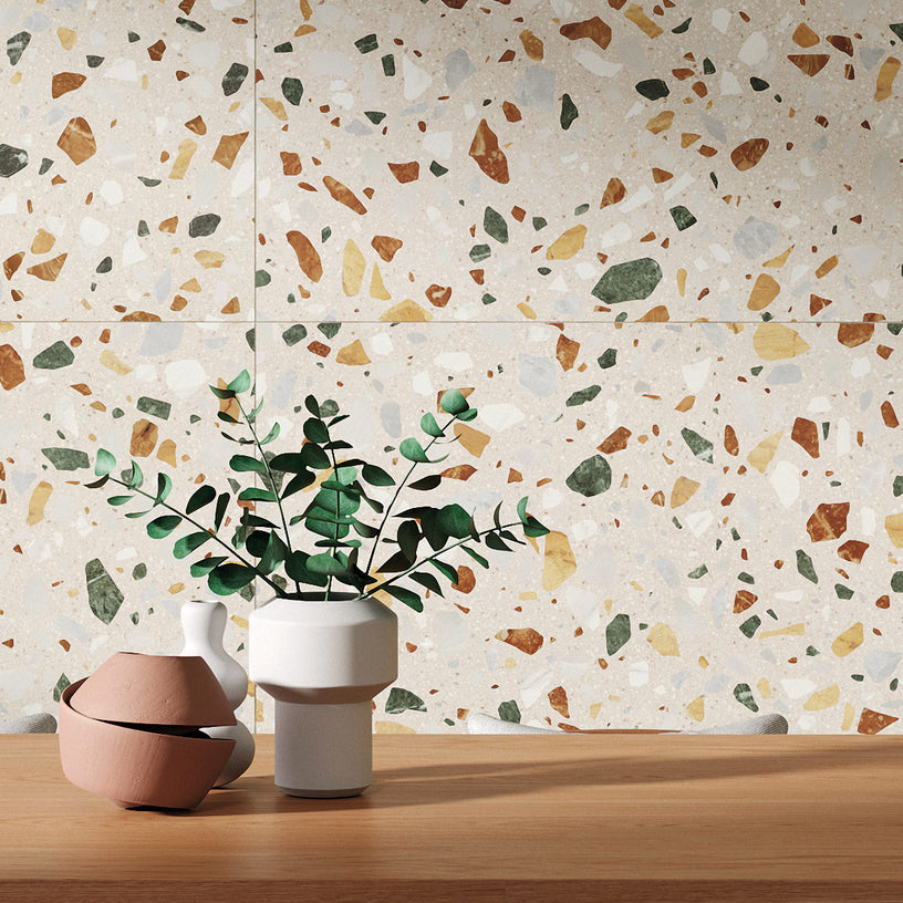 Terrazzo Polished XL - Large Terrazzo Floor Tiles 60 x 120 cm for Kitchens, Living Rooms & Bathrooms - Porcelain